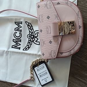 MCM Pink Logo Print Crossbody Bag with Gold Hardware